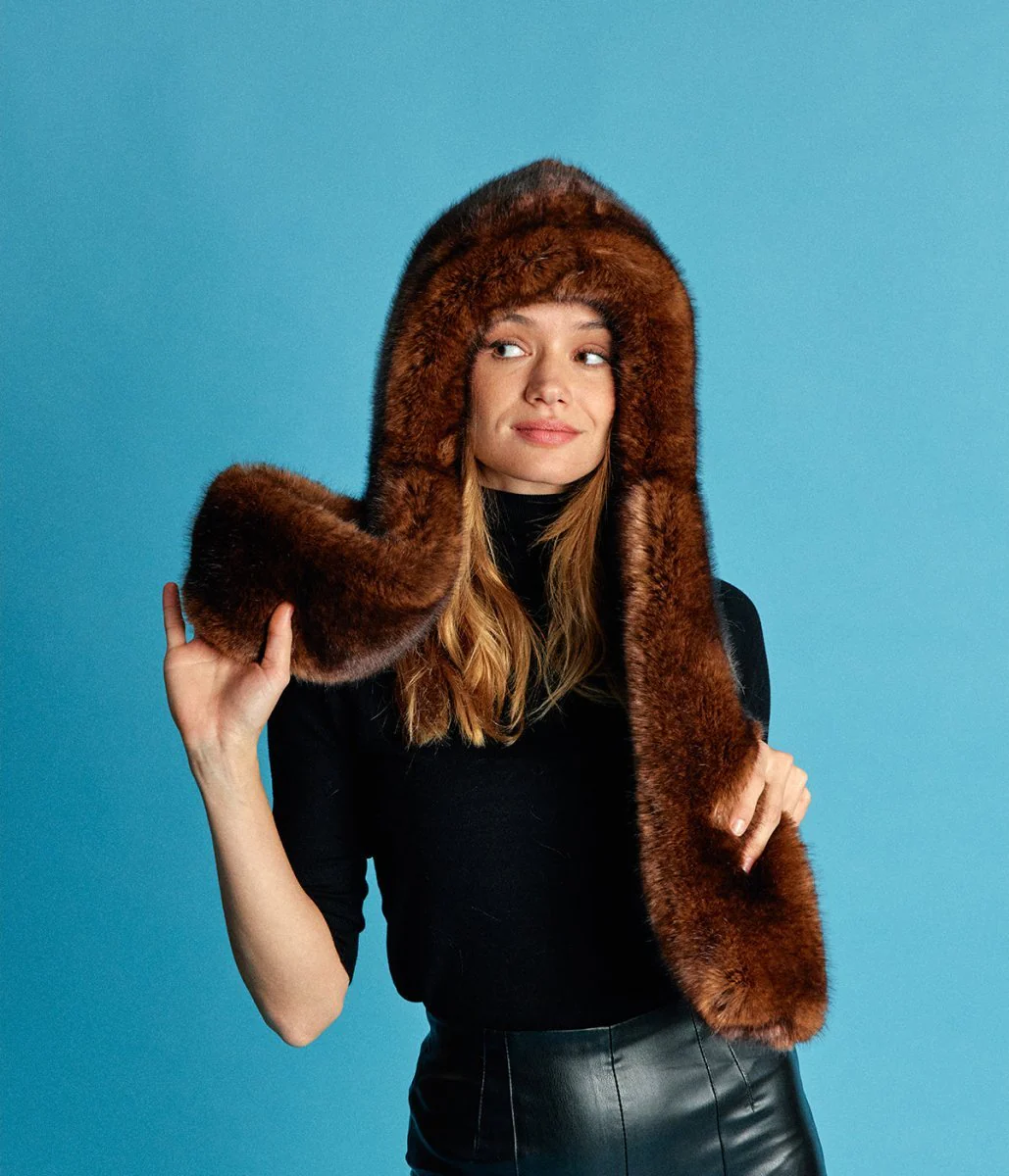 Suzon Warm Brown Vegan Fur Hooded Scarf - Image 5