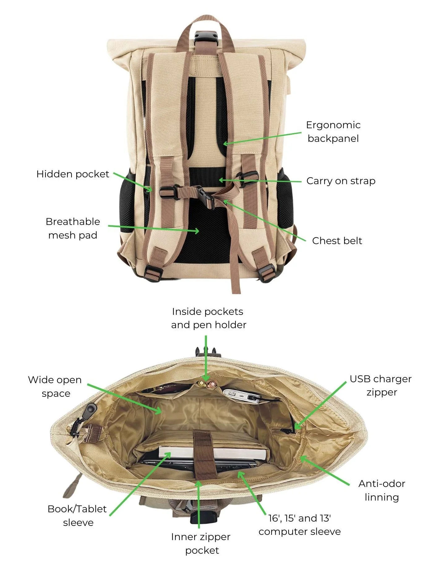 Everyday Hemp Rolltop Backpack in Black - Image 4