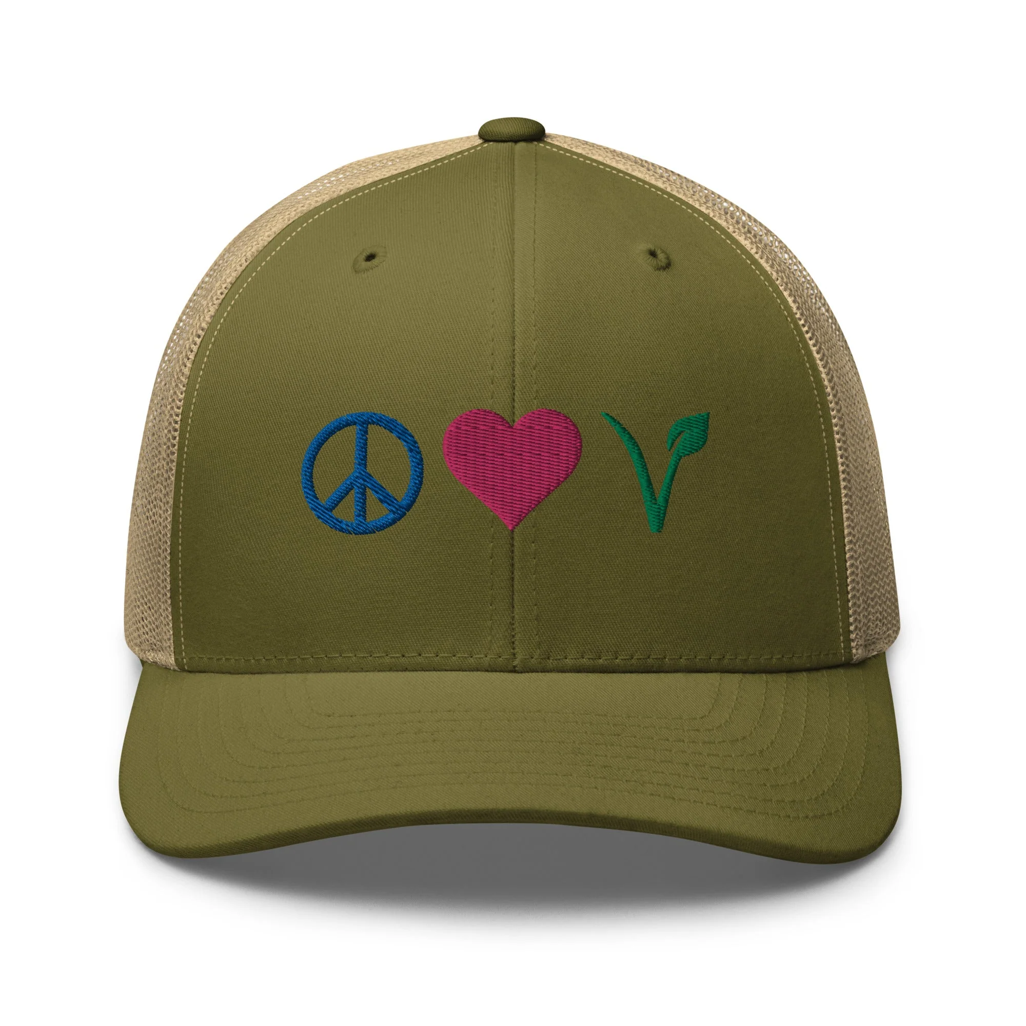Peace, Love, Vegan Trucker Hat with Premium Multi-color Stitched Embroidery - Image 5