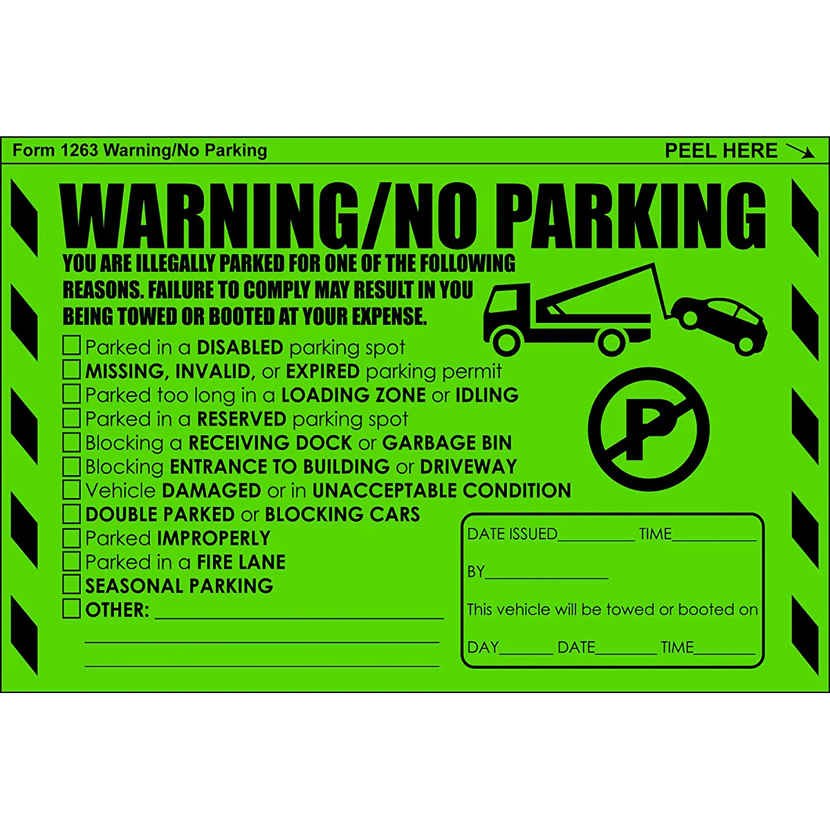 "Warning / No Parking" Green Very Hard to Remove Parking Stickers